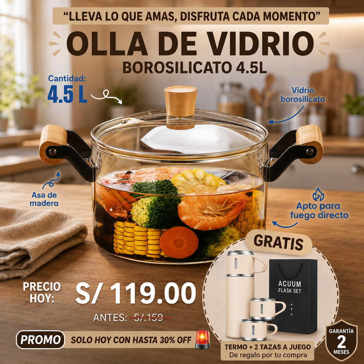 CrystaCook™ – Olla de Vidrio Premium 4.5L + Termo con 2 Tazas de Regalo🎁