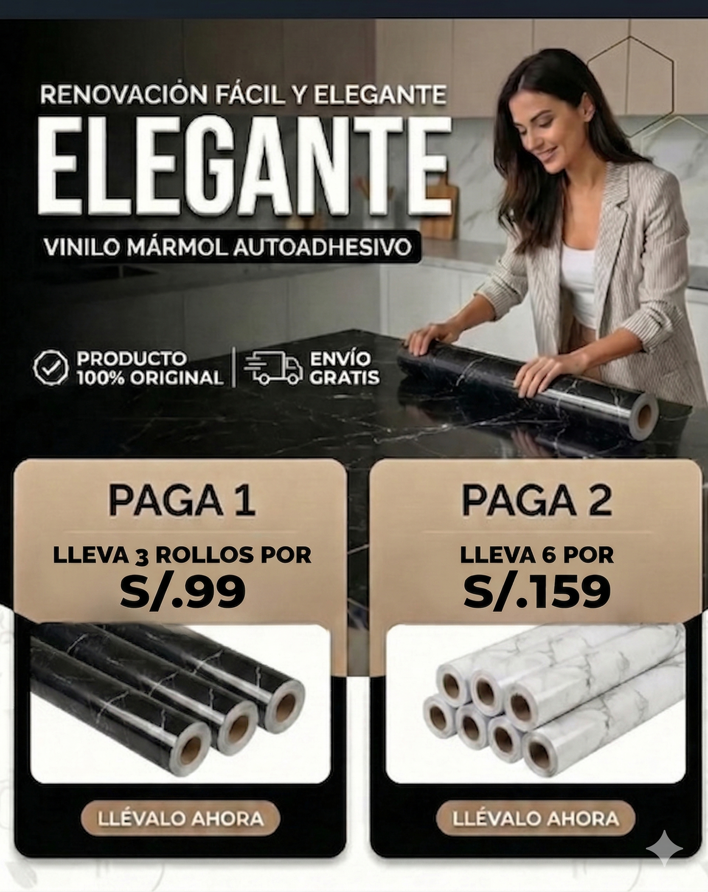 ¡3x1 Súper Promo! Papel Adhesivo Efecto Mármol 3x0,6 metros + ENVIO GRATIS 🎁