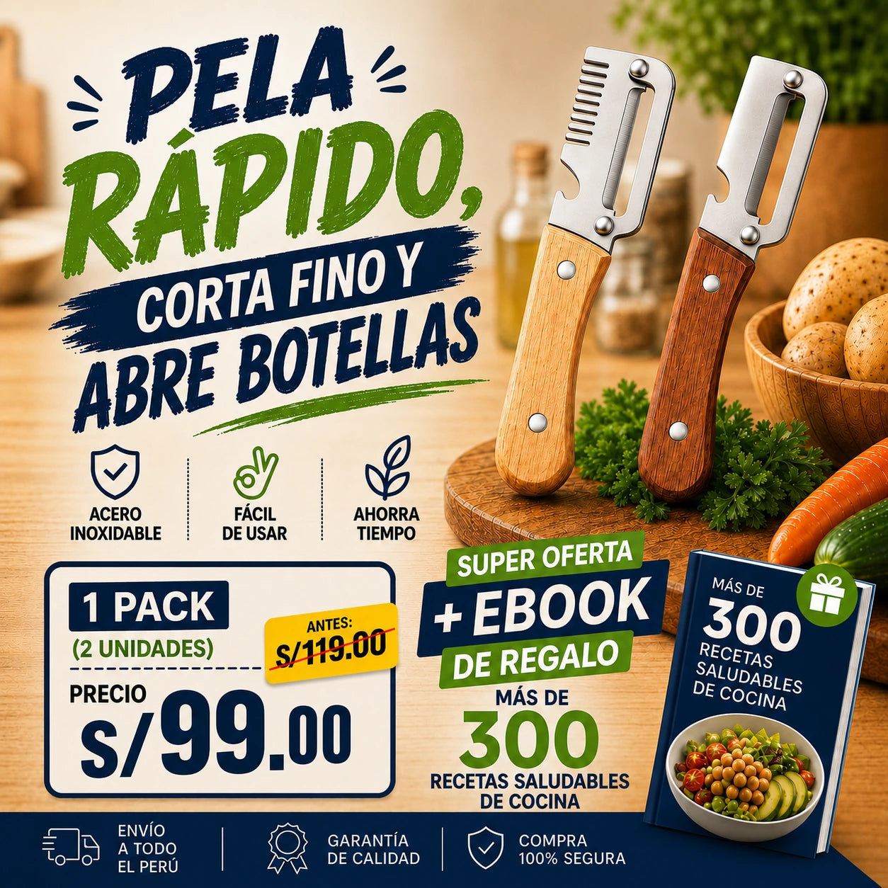 MaxiPeel® PRO - Pelador, Picador, Rallador de Verduras y Abridor de Botellas 4 en 1 (Set de 2 Unidades)