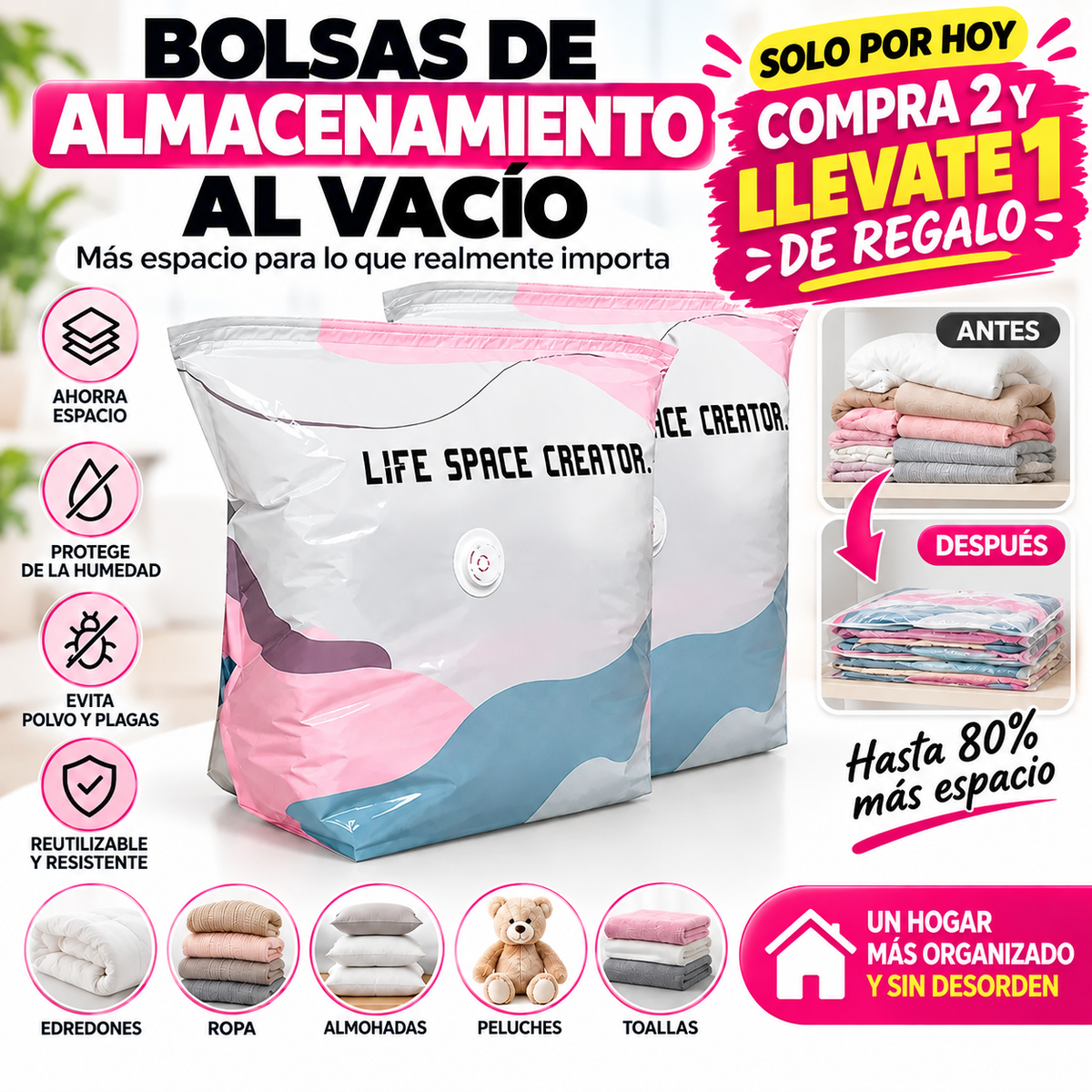 ¡🔥ÚLTIMO DÍA! ¡COMPRA 2 Y 1 GRATIS! Bolsas de Almacenamiento al vacío 3D sin bomba – Compresión rápida en 3 segundos🛏️🗄️